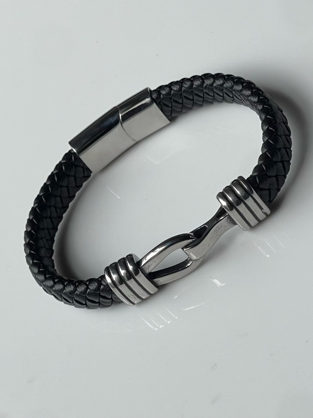 Black Braided Leather Bracelet with Silver Hook Clasp - Men